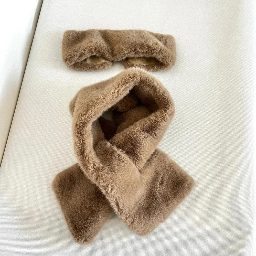 Chico's Scarf & Headband Set Pull Through Faux Fur Tan Brown